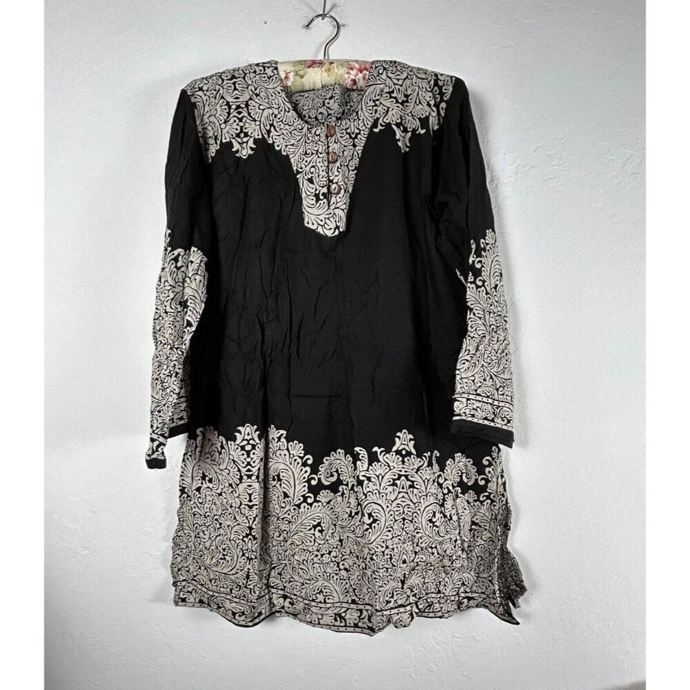 Tropiko Womens Tunic Top Black White Floral Long Sleeve Round Neck Boho Blouse